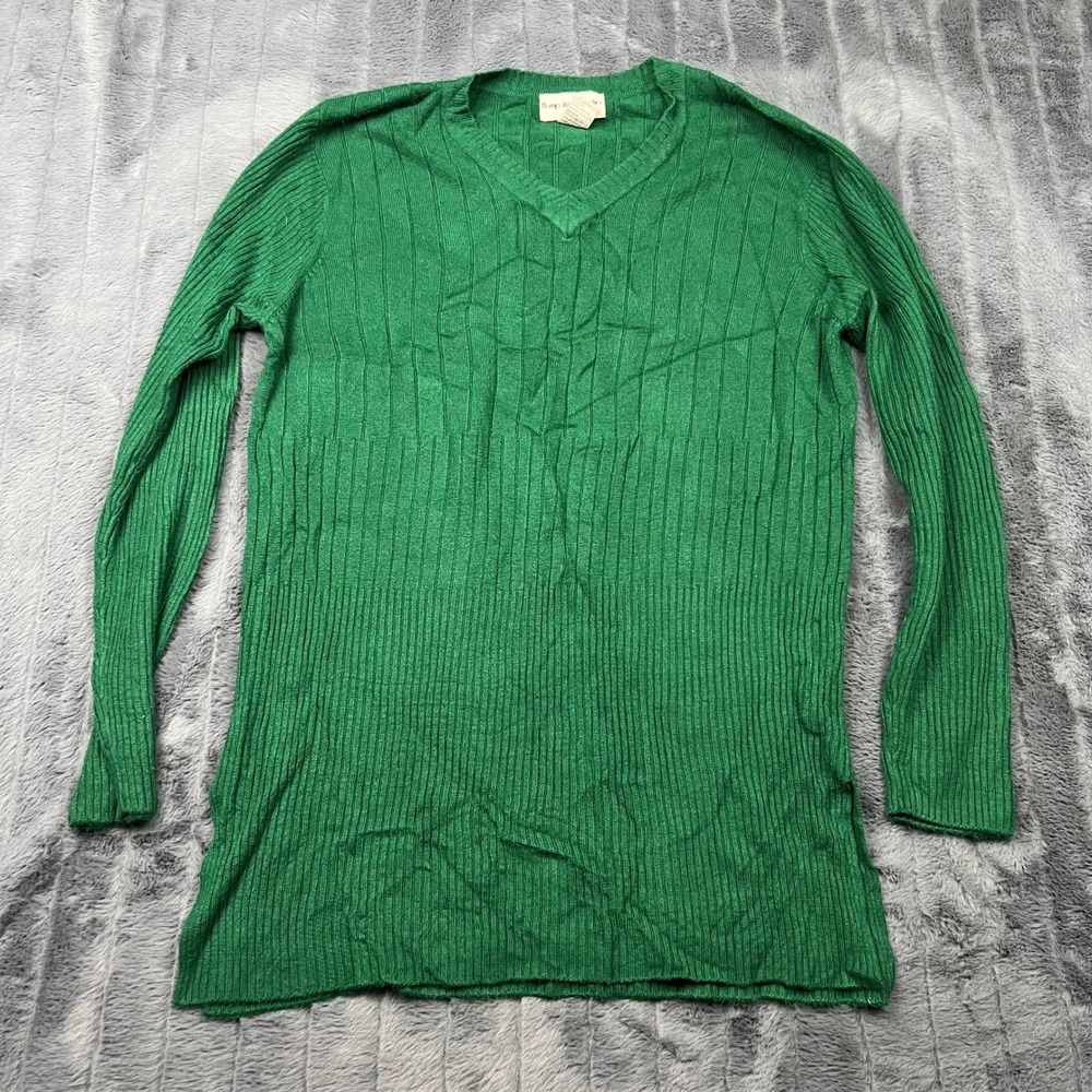 Hampshire Studio Womens Green Ribbed V-Neck Long Sleeve Knit Sweater Large